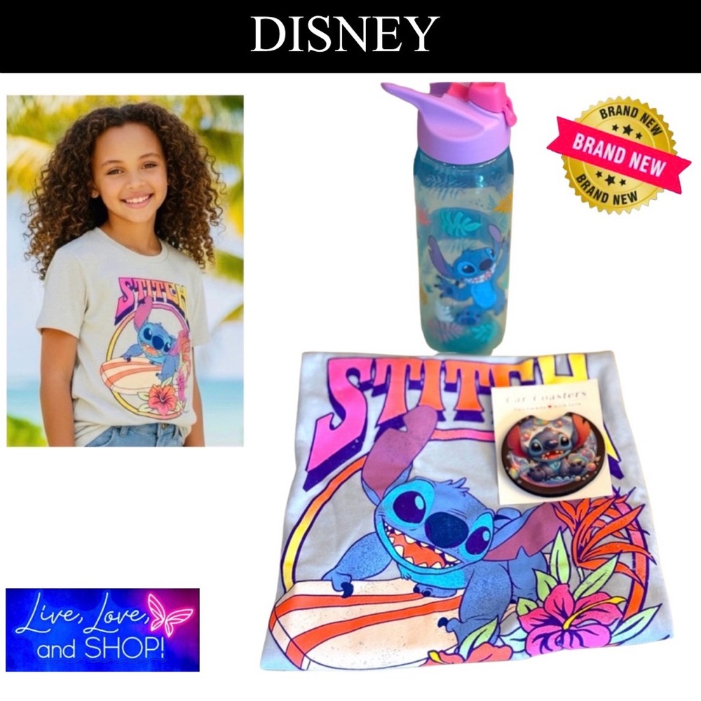 DISNEY LILO & STITCH Bundle: T-Shirt, Water Bottle, and Car Coaster, NWOT